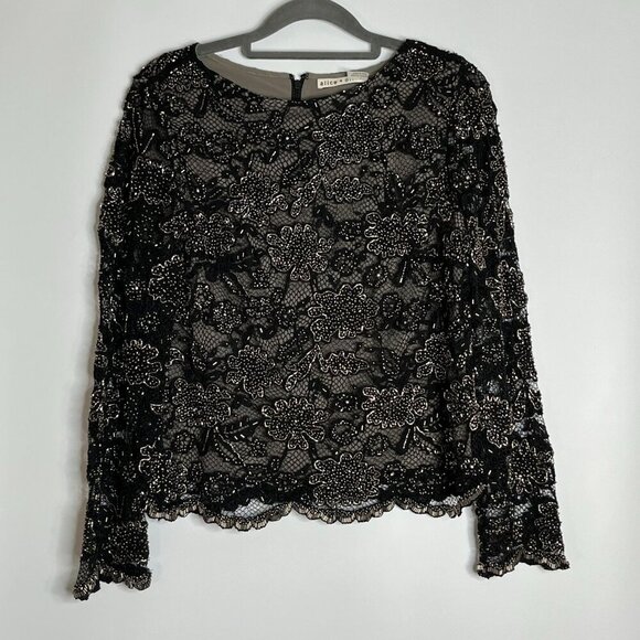 Alice‎ & Olivia Fully Beaded Embellished Fishnet Knit Blouse Fully Lined Black 4 - Picture 1 of 11